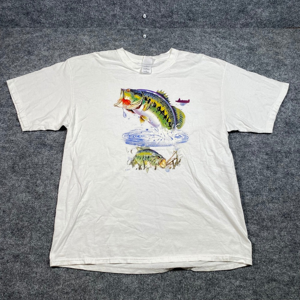 Gildan Heavy Weight Cotton Bass Fishing Graphic T-Shirt White Mens XL
